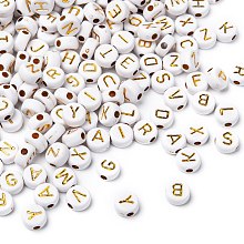 Honeyhandy Plating Acrylic Beads, Metal Enlaced, Horizontal Hole, Mixed Letters, Flat Round, Golden Plated, 7x4mm, Hole: 1.8mm