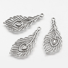 Honeyhandy Tibetan Style Alloy Pendants, Feather, Antique Silver, 40x17.5x1.5mm, Hole: 2mm