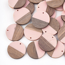 Honeyhandy Resin & Wood Pendants, Flat Round, Pink, 28.5x3.5~4mm, Hole: 1.5mm