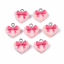 Honeyhandy Resin Pendants, with Iron Findings, Heart Cake with Bowknot, Pink, 14x15x9mm, Hole: 2mm