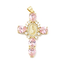 Honeyhandy Rack Plating Brass Micro Pave Cubic Zirconia Pendants, Cadmium Free & Lead Free, Real 18K Gold Plated, Cross with Saint, Pearl Pink, 45.5x29x6mm, Hole: 4x6mm