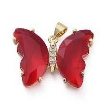 Honeyhandy Brass Micro Pave Clear Cubic Zirconia Pendants, with Glass, Butterfly, Golden, Red, 20x26.5x5mm