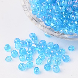 Honeyhandy 6/0 Transparent Rainbow Colours Round Glass Seed Beads, Dark Turquoise, Size: about 4mm in diameter, hole: 1.5mm, about 495pcs/50g