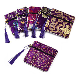 Honeyhandy Chinese Brocade Tassel Zipper Jewelry Bag Gift Pouch, Square with Flower Pattern, Dark Violet, 11.5~11.8x11.5~11.8x0.4~0.5cm