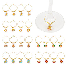 24Pcs 6 Colors Brass Wine Glass Charms, with Alloy Enamel Charms, Flower, Mixed Color, 46mm, 4pcs/color