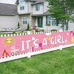 FINGERINSPIRE 118x20inch It's A Girl Banner with Hanging Rope Large Pink Birthday Baby Shower Party Supplies Polyester Hanging Sign with Sun Car Toy Duck Pattern for Outdoor & Indoor Decor