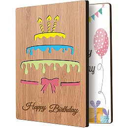 FINGERINSPIRE Happy Birthday Card Real Bamboo Wood Greeting Card with Hollow Birthday Cake and Engraved Words Design, Handmade Handwritten Card with Envelope for Sending Birthday Wishes