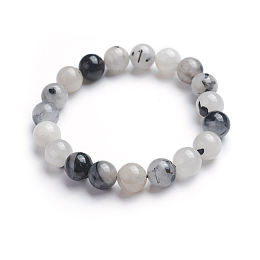 Honeyhandy Natural Tourmalinated Quartz/Black Rutilated Quartz Stretch Bracelets, Round, 2-1/8 inch(5.3cm), Bead: 10.8~11.5mm