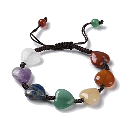 Honeyhandy Heart Natural Mixed Gemstone Braided Bead Bracelets, Chakra Theme Adjustable Bracelet, Inner Diameter: 1-5/8~2-1/2 inch(4.2~6.2cm)