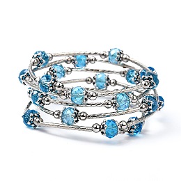 Honeyhandy Fashion Wrap Bracelets, with Rondelle Glass Beads, Tibetan Style Bead Caps, Brass Tube Beads and Steel Memory Wire, Deep Sky Blue, Inner Diameter: 55mm