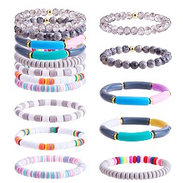 Honeyhandy 8Pcs 6 Style Synthetic Imperial Jasper & GLass Beaded Stretch Bracelets Set, Polymer Clay Heishi Surfer  Bracelets, Acrylic Curved Tube Chunky Bracelets for Women, Gray, Inner Diameter: 2-1/8 inch(5.5cm)