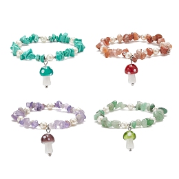 Honeyhandy 4Pcs 4 Style Natural & Synthetic Mixed Gemstone Chips & Glass Pearl Beaded Stretch Bracelets Set, Lampwork Mushroom Charms Stackable Bracelets for Women, Inner Diameter: 1-7/8 inch(4.8cm), 1Pc/style