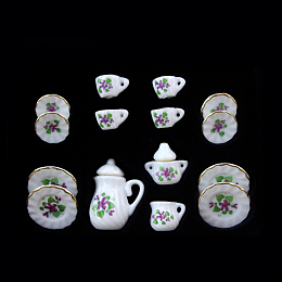 Honeyhandy Mini Porcelain Tea Set, including 2Pcs Teapots, 5Pcs Teacups, 8Pcs Dishes, for Dollhouse Accessories, Pretending Prop Decorations, Floral Pattern, 121x86x25mm, 15pcs/set