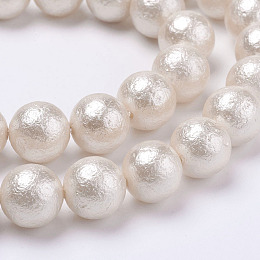 Honeyhandy Wrinkle Textured Shell Pearl Beads Strands, Round, White, 6mm, Hole: 1mm, about 68pcs/strand, 15.6 inch(39.5cm)