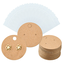 Honeyhandy 50Pcs Paper Jewelry Display Cards, for Hanging Earring Display, Flat Round, with 50Pcs OPP Cellophane Bags, BurlyWood, Card: 4cm