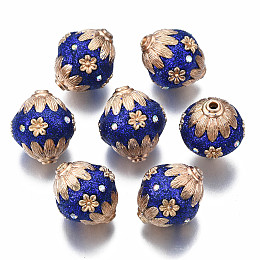 Handmade Indonesia Beads, with Polymer Clay, Rhinestone and Metal Findings, Oval with Flower, Golden, Medium Blue, 20~22x18~19mm, Hole: 2mm