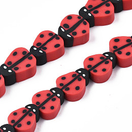 Honeyhandy Handmade Polymer Clay Bead Strands, Ladybug, Red, 8~12x7.5~10x4~5mm, Hole: 1.5~2mm, about 38~40pcs/strand, 14.17 inch~15.35 inch(36~39cm)