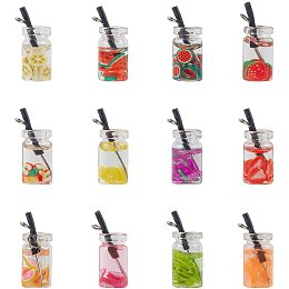 NBEADS 60 Pcs Mini Fruit Tea Pendants, 12 Colors Resin Bottle Boba Fruit Tea Charms Dangle Earring Necklace Pendants for DIY Jewelry Making