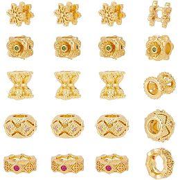 NBEADS 20 Pcs Real 18K Gold Plated Rhinestones Beads, Flat Round/Flower/Rhombus Brass Zirconia Cubic Beads Metal Crystal Spacer Beads Charm for Crafts Necklace Bracelet Jewelry Making