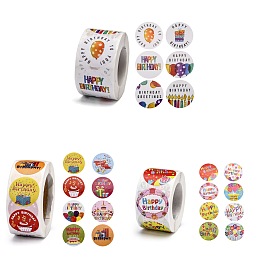 Honeyhandy 3 Roll 3 Style Self Adhesive Paper Stickers, for Birthday Party, Decorative Presents, Flat Round with Word Happy Birthday, Mixed Color, 25~38mm, 500pcs/roll, 1 roll/style