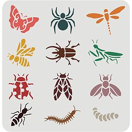 FINGERINSPIRE Butterfly Dragonfly Stencil 11.8x11.8 inch, Bee Ant Spider Worm Cockroach 12 Patterns Animal Stencil, Reusable Large Stencils for Painting on Wall Art, Wood Sign, Furniture Decoration