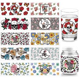 Arricraft 10 Pcs 10 Styles Cups Transfer Sticker, Flower Skull Cups Transfer Paper, Rub on PVC Transfer Stickers UV Cups Wrap Sticker Waterproof Rub Decals for Craft Glass Computer