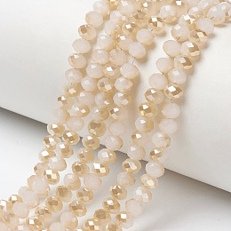 Honeyhandy Electroplate Glass Beads Strands, Imitation Jade Beads, Half Plated, Rainbow Plated, Faceted, Rondelle, Bisque, 4x3mm, Hole: 0.4mm, about 123~127pcs/strand, 16.5~16.9 inch(42~43cm)