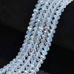 Honeyhandy Electroplate Glass Beads Strands, Imitation Jade Beads, Half Plated, Rainbow Plated, Faceted, Rondelle, Clear, 4x3mm, Hole: 0.4mm, about 113~115pcs/strand, 41~42cm