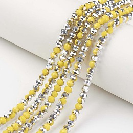 Honeyhandy Electroplate Opaque Glass Beads Strands, Half Silver Plated, Faceted, Rondelle, Gold, 4x3mm, Hole: 0.4mm, about 130pcs/strand, 16.54 inch(42cm)