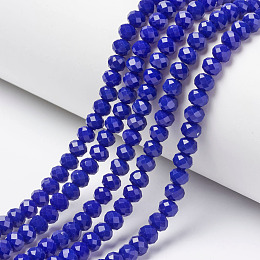 Honeyhandy Opaque Solid Color Glass Beads Strands, Faceted, Rondelle, Blue, 6x5mm, Hole: 1mm, about 87~90pcs/strand, 17~17.5 inch(42.5~43.75cm)