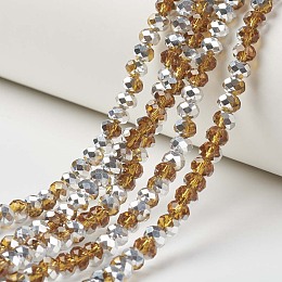 Honeyhandy Electroplate Transparent Glass Beads Strands, Half Silver Plated, Faceted, Rondelle, Dark Goldenrod, 4x3mm, Hole: 0.4mm, about 130pcs/strand, 16.54 inch(42cm)