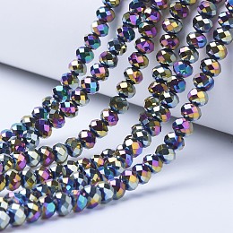 Honeyhandy Electroplate Transparent Glass Beads Strands, Full Plated, Faceted, Rondelle, Multi-color Plated, 8x6mm, Hole: 1mm, about 65~68pcs/strand, 15.7~16.1 inch(40~41cm)