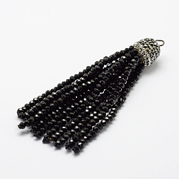 Honeyhandy Electroplate Glass Bead Tassel Big Pendants, with Brass Rhinestone Findings, Black, 76x10.8mm, Hole: 2.5mm