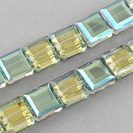 Honeyhandy Transparent Half Plated Faceted Glass Beads Strands, Square, Yellow Green, 13x13x7.5mm, Hole: 2mm, about 40pcs/strand, 19.6 inch