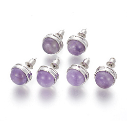 Honeyhandy Natural Amethyst Stud Earrings, with Brass Findings, Half Round, Platinum, 12mm, Pin: 0.8mm