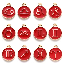 Honeyhandy Alloy Enamel Pendants, Flat Round with Constellation, Red, 15x12x2mm, Hole: 1.5mm, about 12pcs/set