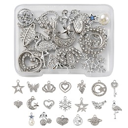 20Pcs 20 Styles Alloy Crystal Rhinestone Pendants, Snowflake & Star & Heart & Butterfly & Flamingo Charms, Platinum, 12~28x11~20x2~8mm, Hole: 1.4~2mm, 1Pc/style