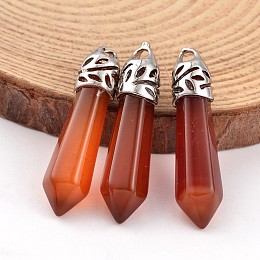 Honeyhandy Dyed Bullet Natural Agate Pendants, with Platinum Tone Alloy Findings, 33~40x8~10mm, Hole: 3x2mm