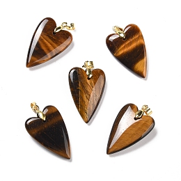 Honeyhandy Natural Tiger Eye Pendants, with Rack Plating Golden Plated Brass Findings, Long-Lasting Plated, Heart, 32~34x20x8mm, Hole: 4x4mm