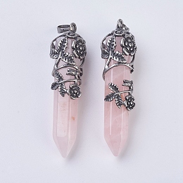 Honeyhandy Natural Rose Quartz Pointed Pendants, with Antique Silver Plated Brass Findings, Faceted, Bullet, Flower, 58~61x15~17mm, Hole: 5x7mm