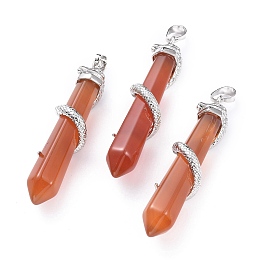 Honeyhandy Natural Carnelian/Red Agate Big Pointed Pendants, with Platinum Plated Brass Bails, Faceted, Bullet with Snake, 59~61.5x11~12x11~12mm, Hole: 5x8mm