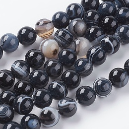 Honeyhandy Round Dyed Natural Striped Agate/Banded Agate Beads Strands, Black, 8mm, Hole: 1mm, about 48pcs/strand, 15.2 inch