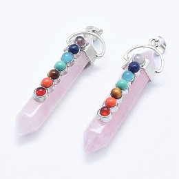 Honeyhandy Chakra Jewelry, Natural Rose Quartz Double Terminated Pointed Pendants, with Natural & Synthetic Mixed Stone Alloy Findings, Bullet, Platinum, 58~61x16.5~18x15.5~16mm, Hole: 4.5x7.5mm