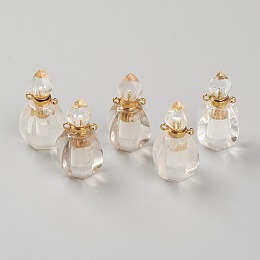 Honeyhandy Faceted Natural Quartz Crystal Pendants, Rock Crystal Pendants, Openable Perfume Bottle, with Golden Tone Brass Findings, 32~33x17~18x16mm, Hole: 2mm, capacity: 1ml(0.03 fl. oz)