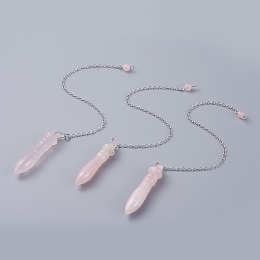 Honeyhandy Natural Rose Quartz Pointed Dowsing Pendulums, with Brass Cable Chains, Bullet, 238~255mm, Hole: 2.5mm, Pendants: 53x12mm