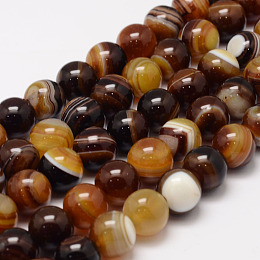 Honeyhandy Natural Striped Agate/Banded Agate Bead Strands, Round, Grade A, Dyed & Heated, Saddle Brown, 10mm, Hole: 1mm, about 37~38pcs/strand, 14.5 inch