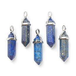 Honeyhandy Natural Lapis Lazuli Pendants, with Platinum Tone Brass Findings, Bullet, 39.5x12x11.5mm, Hole: 4.5x2.8mm