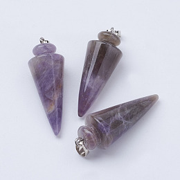 Honeyhandy Natural Amethyst Pendants, with Platinum Tone Brass Findings, Cone/Spike/Pendulum, 43~45x16mm, Hole: 5x7mm