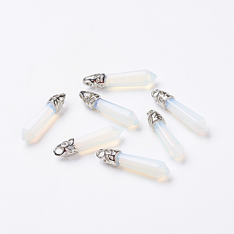 Honeyhandy Opalite Pointed Pendants, with Platinum Tone Alloy Findings, Bullet, 33~40x8~9x8~9mm, Hole: 3x4mm