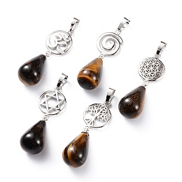 Honeyhandy Yoga Chakra Jewelry, Natural Tiger Eye Pendants, with Platinum Plated Brass Findings, Teardrop & Votex/Om Symbol/Tree of Life/Flower of Life/Star of David, 42~45mm, Hole: 8x5mm